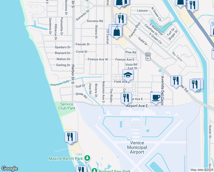 map of restaurants, bars, coffee shops, grocery stores, and more near 100 Aurora Street West in Venice
