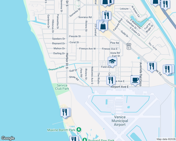 map of restaurants, bars, coffee shops, grocery stores, and more near 1114 Nokomis Avenue South in Venice