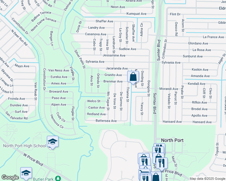 map of restaurants, bars, coffee shops, grocery stores, and more near 2593 De Vore Street in North Port