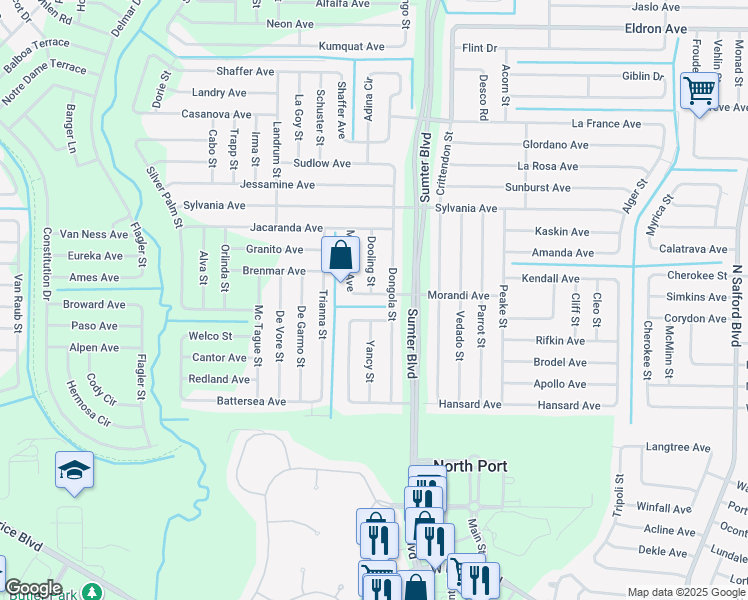map of restaurants, bars, coffee shops, grocery stores, and more near 5169 Morandi Avenue in North Port