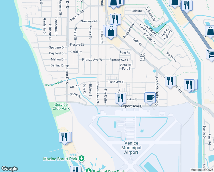 map of restaurants, bars, coffee shops, grocery stores, and more near 100 Aurora Street West in Venice
