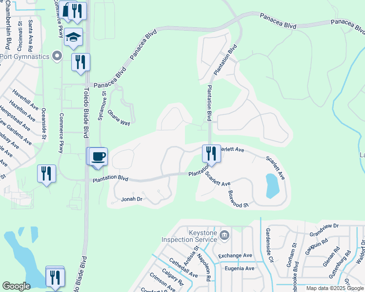 map of restaurants, bars, coffee shops, grocery stores, and more near 1940 Scarlett Avenue in North Port