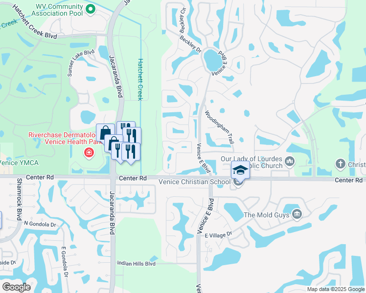 map of restaurants, bars, coffee shops, grocery stores, and more near 1412 Falls of Venice Circle in Venice