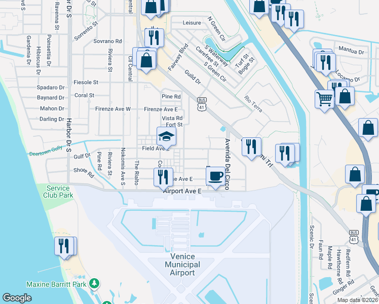 map of restaurants, bars, coffee shops, grocery stores, and more near 304 Aurora Street East in Venice