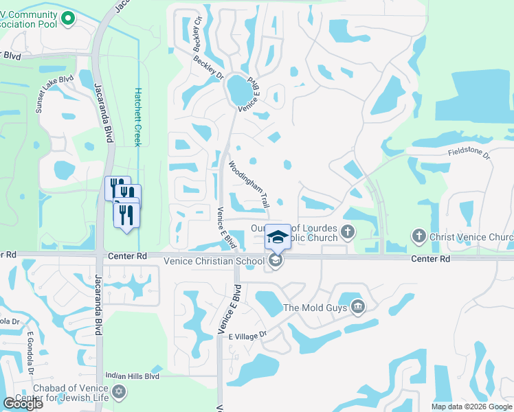 map of restaurants, bars, coffee shops, grocery stores, and more near 208 Woodingham Trail in Venice