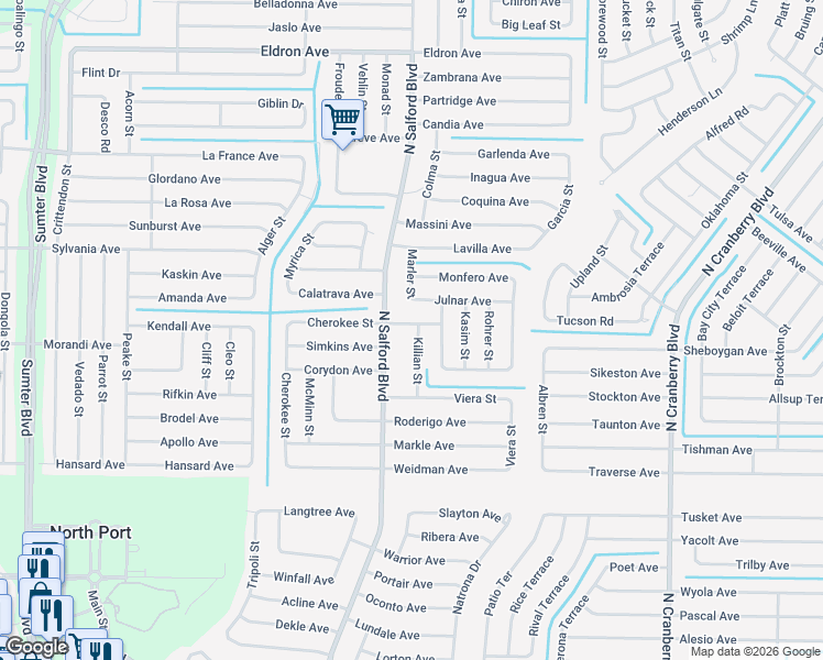 map of restaurants, bars, coffee shops, grocery stores, and more near 3880 Fonsica Avenue in North Port