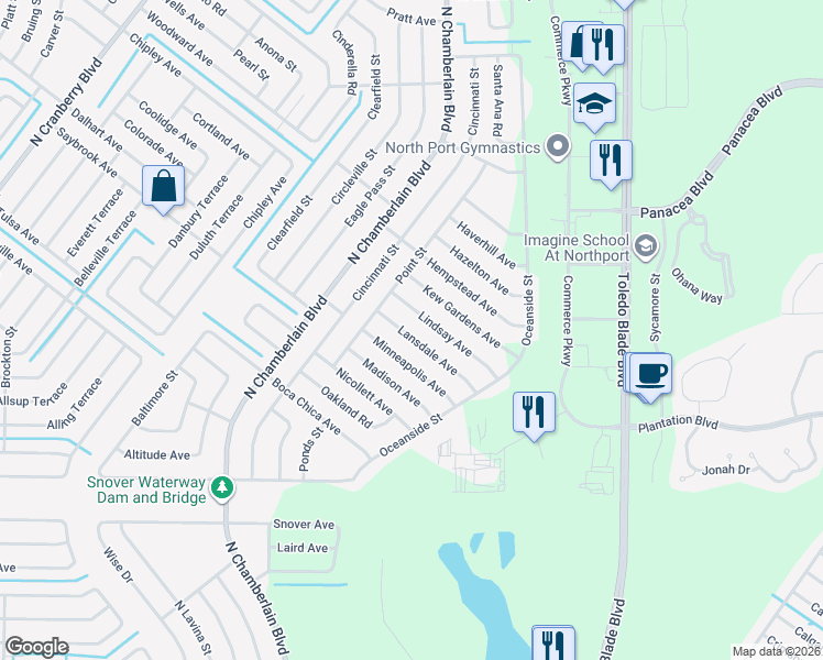 map of restaurants, bars, coffee shops, grocery stores, and more near 1677 Lindsay Avenue in North Port