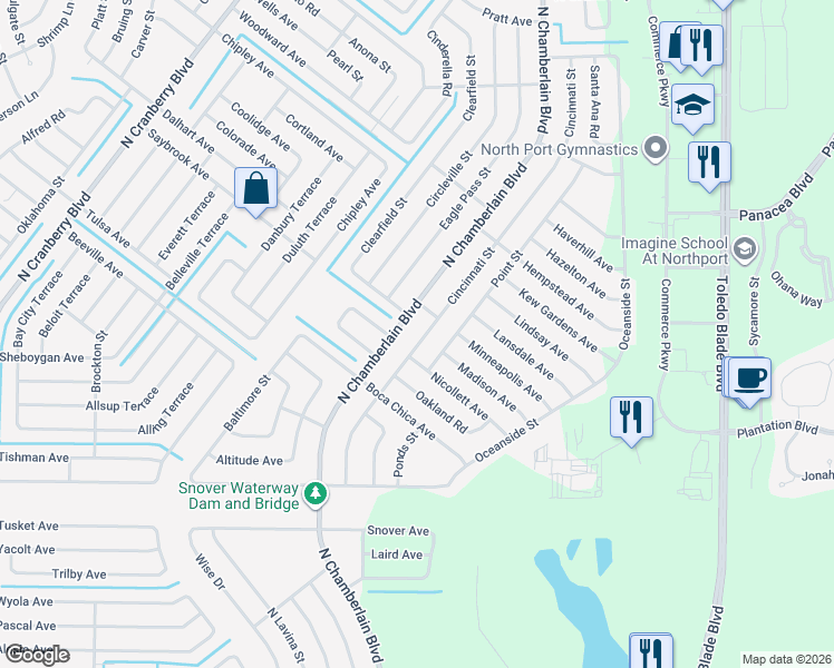 map of restaurants, bars, coffee shops, grocery stores, and more near 2981 Cincinnati Street in North Port