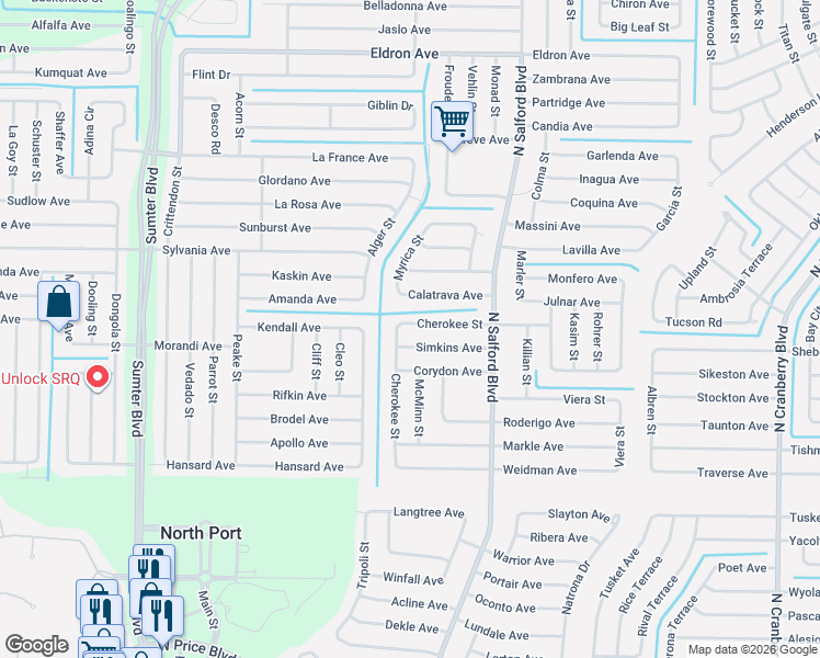 map of restaurants, bars, coffee shops, grocery stores, and more near 4252 Cherokee Street in North Port