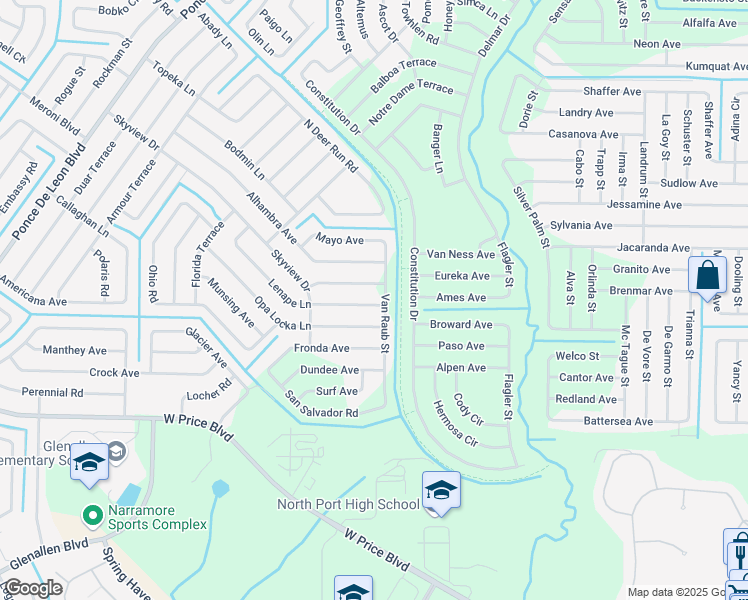 map of restaurants, bars, coffee shops, grocery stores, and more near 6081 Hollywood Avenue in North Port