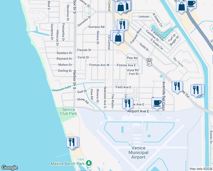 map of restaurants, bars, coffee shops, grocery stores, and more near 1044 Nokomis Avenue South in Venice