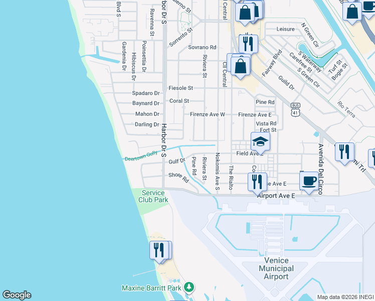 map of restaurants, bars, coffee shops, grocery stores, and more near 224 Gulf Drive in Venice