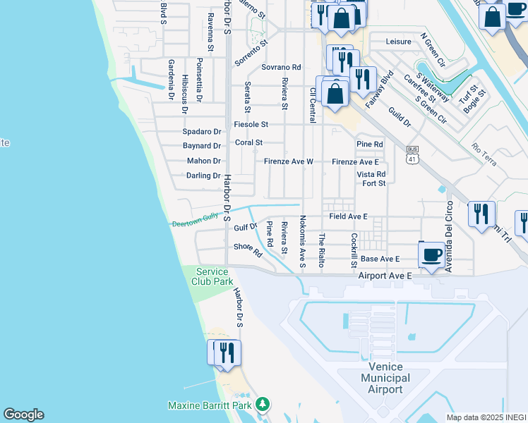 map of restaurants, bars, coffee shops, grocery stores, and more near 224 Gulf Drive in Venice