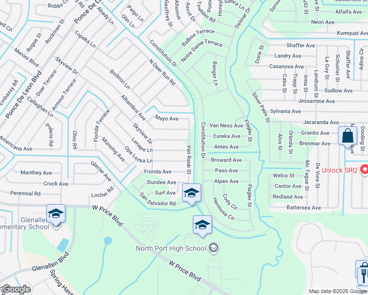 map of restaurants, bars, coffee shops, grocery stores, and more near 6032 Lenape Lane in North Port