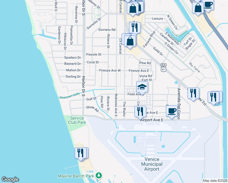 map of restaurants, bars, coffee shops, grocery stores, and more near 1044 Nokomis Avenue South in Venice