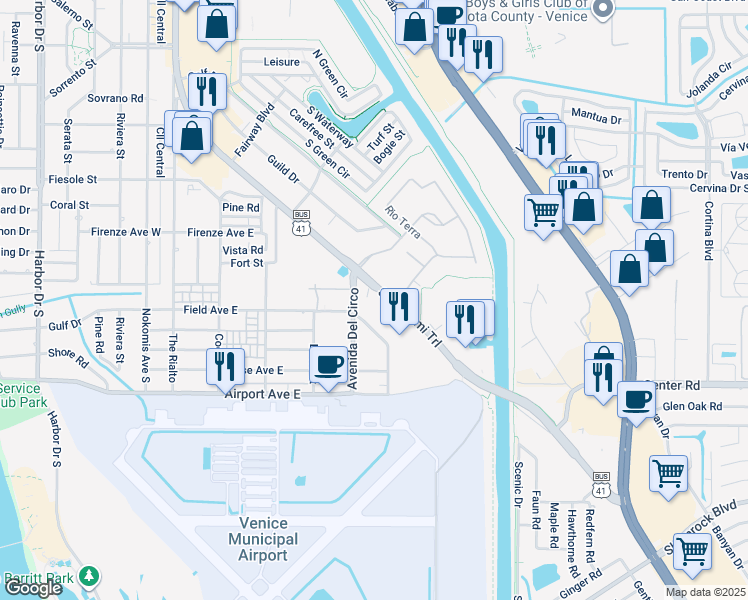 map of restaurants, bars, coffee shops, grocery stores, and more near 1030-1032 S Tamiami Trail in Venice