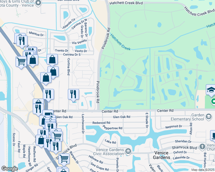 map of restaurants, bars, coffee shops, grocery stores, and more near 976 Chickadee Drive in Venice