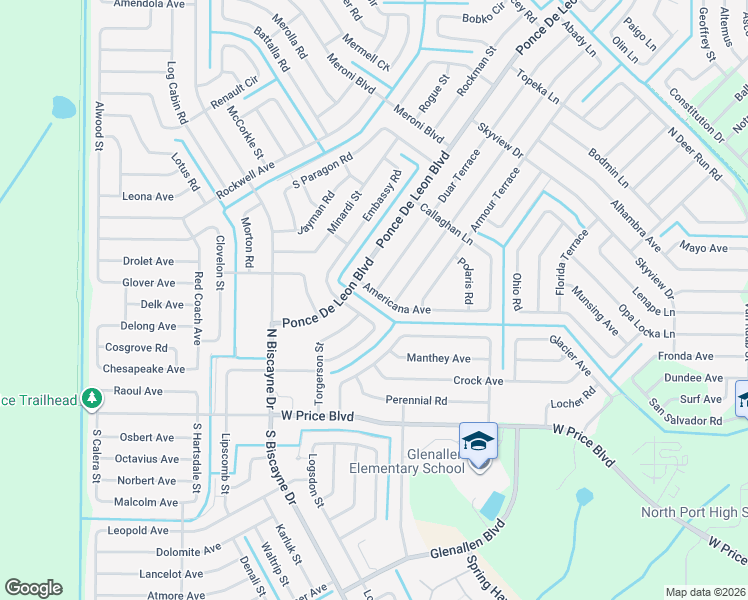 map of restaurants, bars, coffee shops, grocery stores, and more near 6912 Americana Avenue in North Port