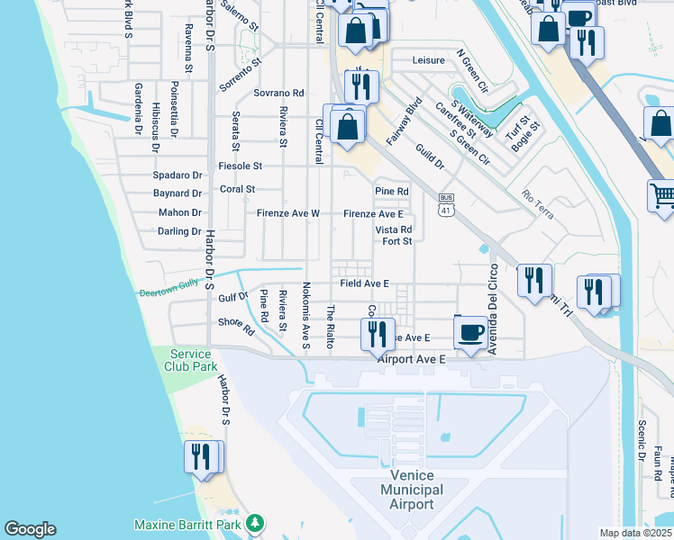 map of restaurants, bars, coffee shops, grocery stores, and more near 1022 The Rialto in Venice