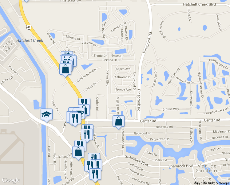 map of restaurants, bars, coffee shops, grocery stores, and more near 419 Boxwood Dr in Venice