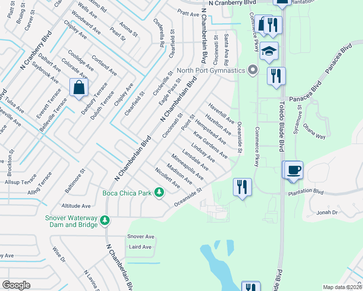 map of restaurants, bars, coffee shops, grocery stores, and more near 1677 Lindsay Avenue in North Port