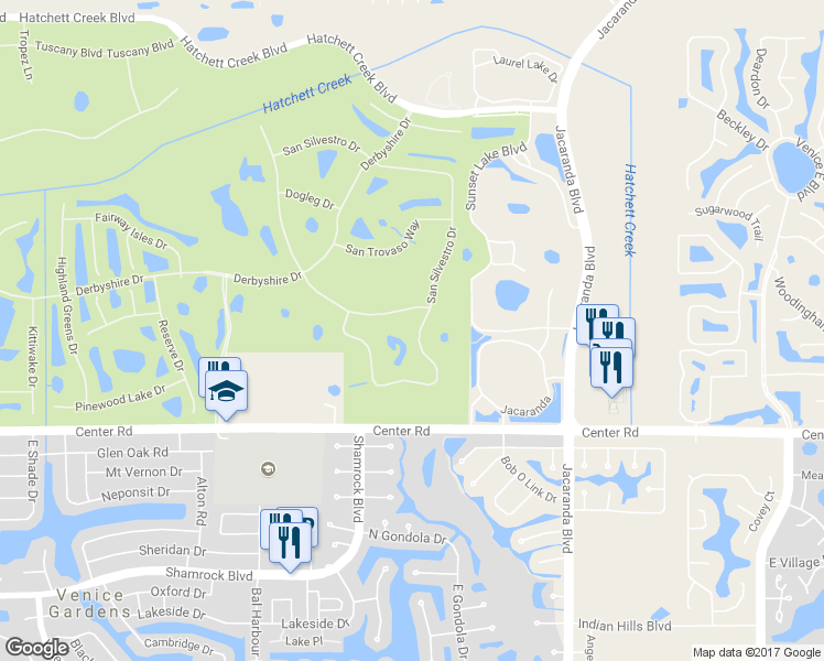 map of restaurants, bars, coffee shops, grocery stores, and more near 1810 San Silvestro Drive in Venice