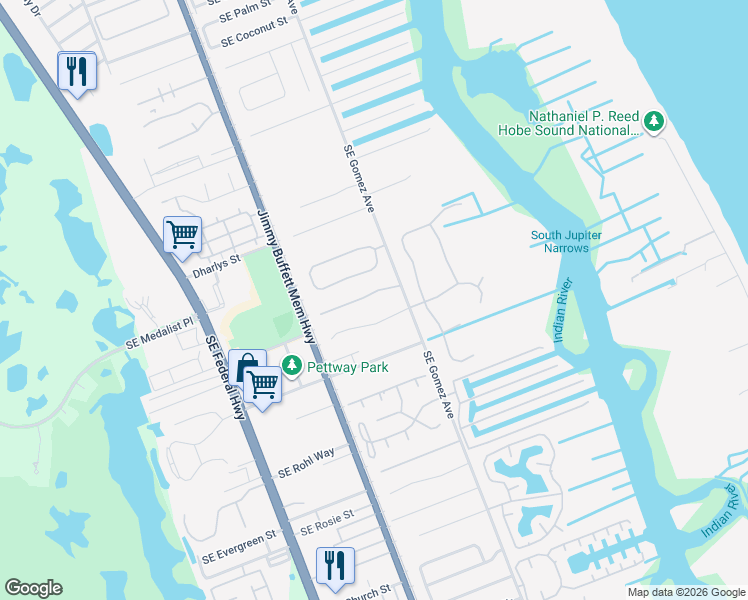 map of restaurants, bars, coffee shops, grocery stores, and more near 8512 Southeast Quail Ridge Way in Hobe Sound