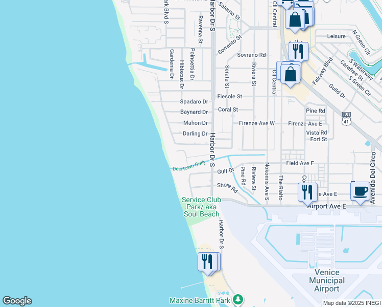map of restaurants, bars, coffee shops, grocery stores, and more near 420 Sunset Drive in Venice