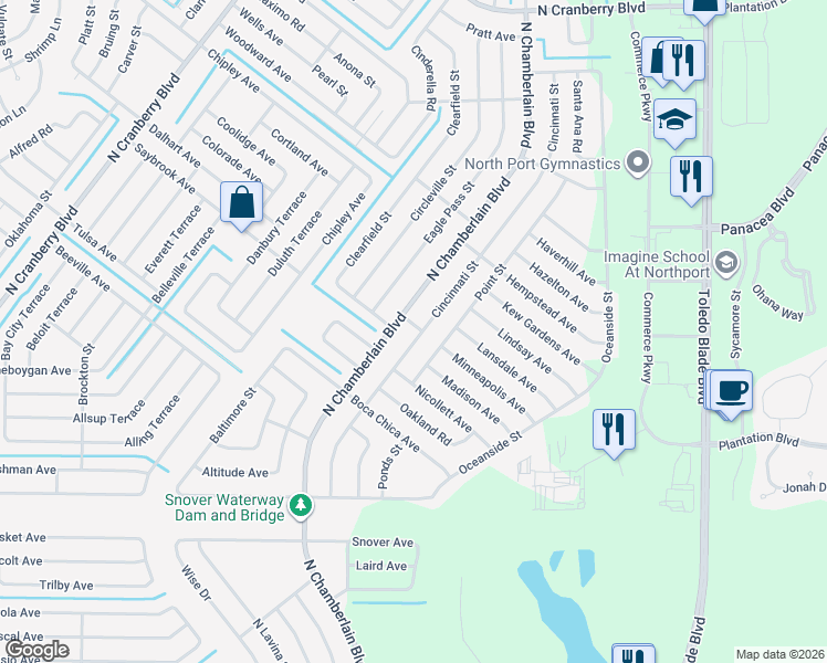 map of restaurants, bars, coffee shops, grocery stores, and more near 2981 Cincinnati Street in North Port