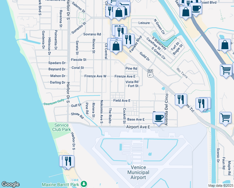 map of restaurants, bars, coffee shops, grocery stores, and more near 109 Field Avenue East in Venice