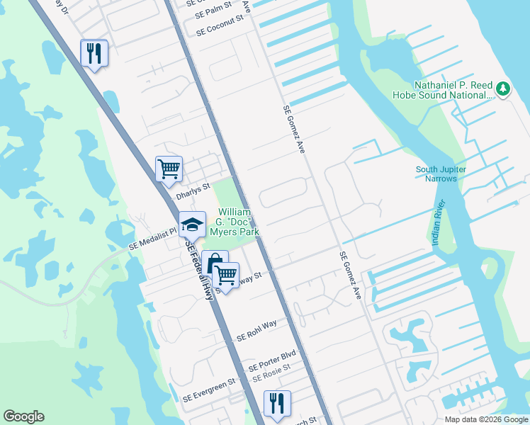 map of restaurants, bars, coffee shops, grocery stores, and more near 8381 Southeast Woodcrest Place in Hobe Sound