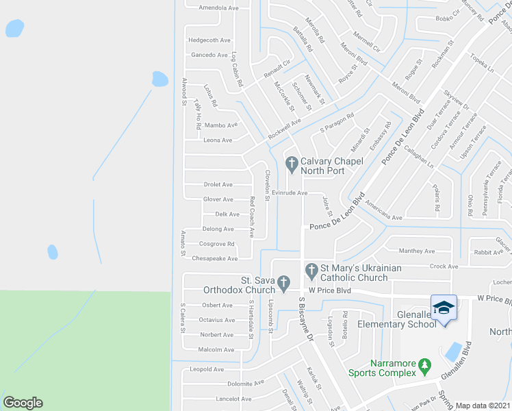 map of restaurants, bars, coffee shops, grocery stores, and more near 2278 Emrick St in North Port