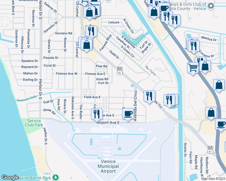 map of restaurants, bars, coffee shops, grocery stores, and more near 940 Cooper Street in Venice