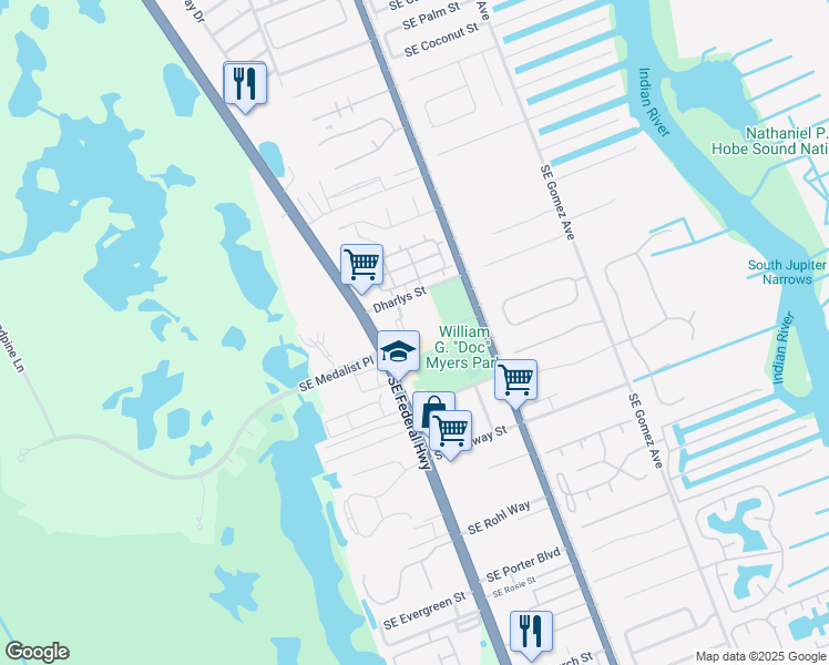 map of restaurants, bars, coffee shops, grocery stores, and more near 9995 Southeast Federal Highway in Hobe Sound