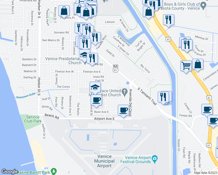 map of restaurants, bars, coffee shops, grocery stores, and more near 940 Cooper Street in Venice