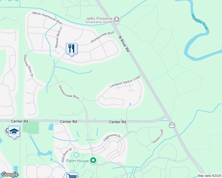 map of restaurants, bars, coffee shops, grocery stores, and more near 11997 Tempest Harbor Loop in Venice