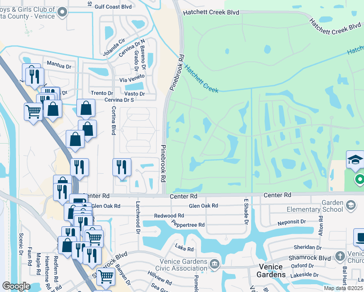 map of restaurants, bars, coffee shops, grocery stores, and more near 976 Chickadee Drive in Venice