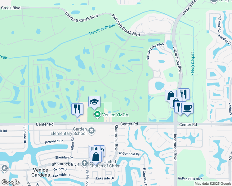 map of restaurants, bars, coffee shops, grocery stores, and more near 640 Back 9 Drive in Venice