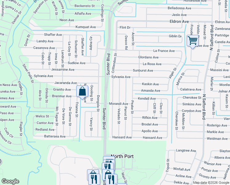 map of restaurants, bars, coffee shops, grocery stores, and more near 2694 Crittendon Street in North Port