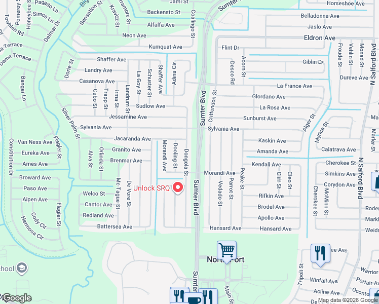 map of restaurants, bars, coffee shops, grocery stores, and more near 2788 Dongola Street in North Port