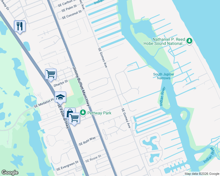 map of restaurants, bars, coffee shops, grocery stores, and more near 8512 Southeast Quail Ridge Way in Hobe Sound