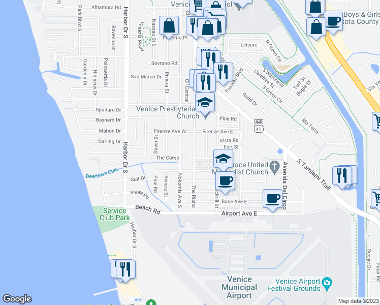 map of restaurants, bars, coffee shops, grocery stores, and more near 938 The Rialto in Venice