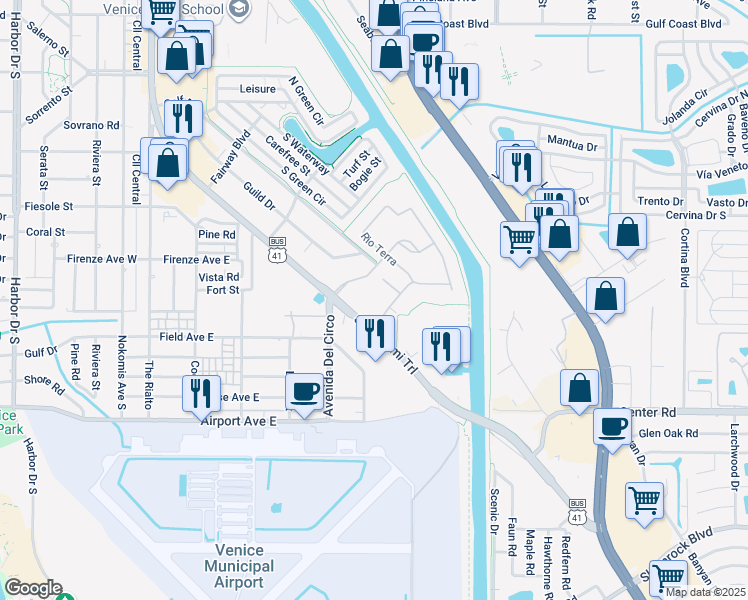 map of restaurants, bars, coffee shops, grocery stores, and more near 116 Amora Avenue in Venice
