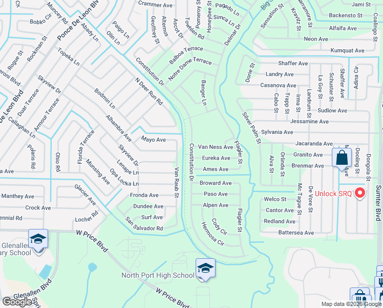 map of restaurants, bars, coffee shops, grocery stores, and more near Constitution Drive in North Port