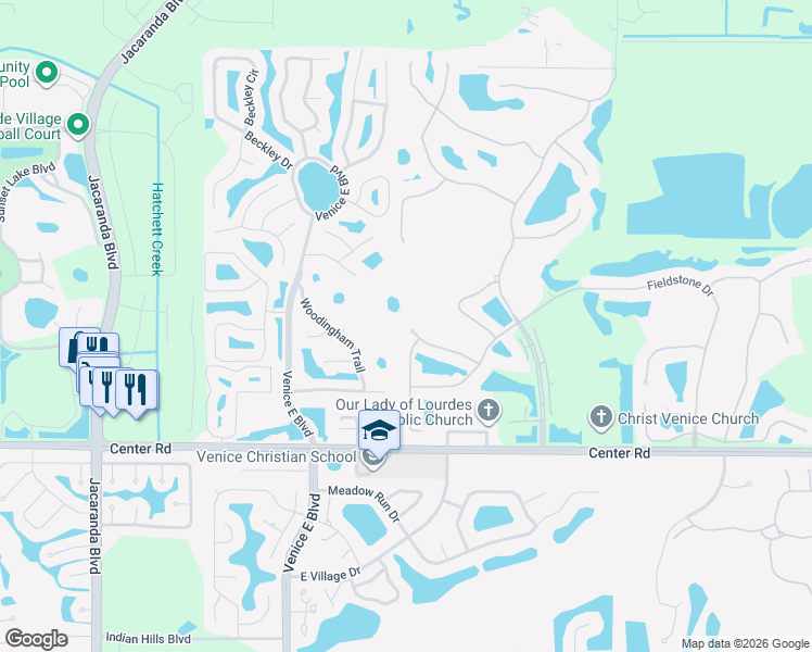 map of restaurants, bars, coffee shops, grocery stores, and more near 236 Vestavia Drive in Venice