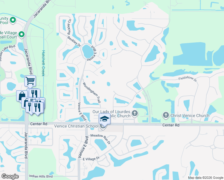 map of restaurants, bars, coffee shops, grocery stores, and more near 236 Vestavia Drive in Venice