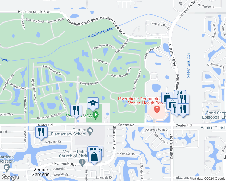 map of restaurants, bars, coffee shops, grocery stores, and more near 645 Back 9 Drive in Venice