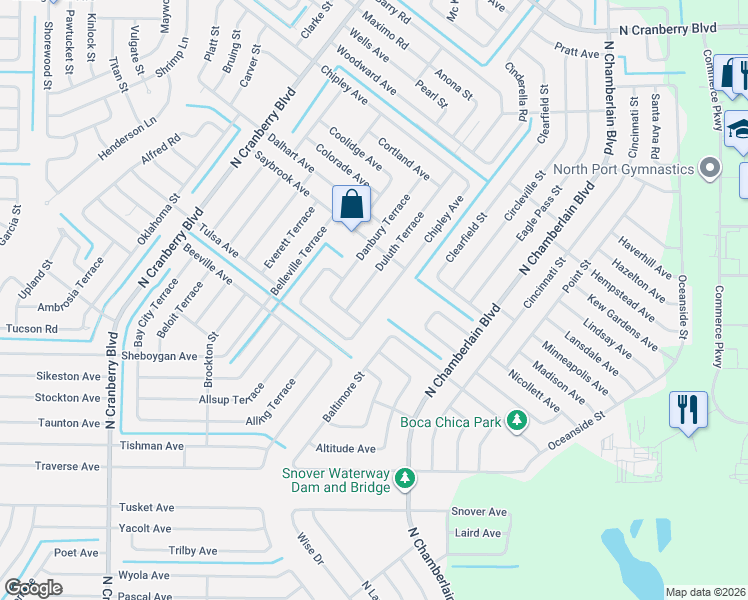 map of restaurants, bars, coffee shops, grocery stores, and more near 3755 Duluth Terrace in North Port