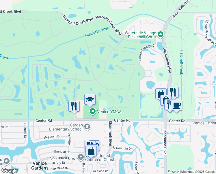 map of restaurants, bars, coffee shops, grocery stores, and more near 649 Back 9 Drive in Venice