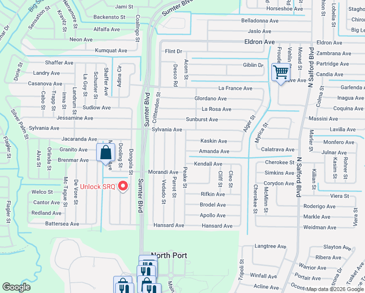 map of restaurants, bars, coffee shops, grocery stores, and more near 2908 Parrot Street in North Port